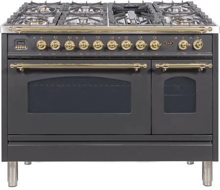 ILVE 48 in. Nostalgie Series Propane Gas Burner and Electric Oven Range in Matte Graphite with Brass Trim, UPN120FDMPMLP