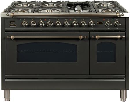 ILVE 48 in. Nostalgie Series Natural Gas Burner and Electric Oven Range in Matte Graphite with Bronze Trim, UPN120FDMPMYNG