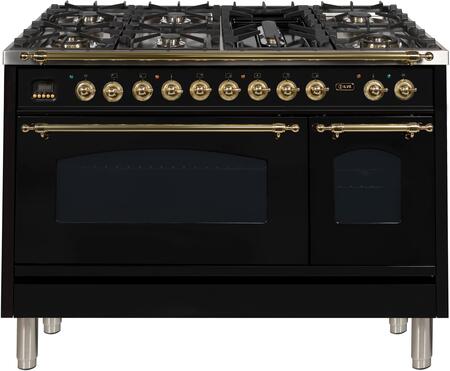 ILVE 48 in. Nostalgie Series Propane Gas Burner and Electric Oven Range in Glossy Black with Brass Trim, UPN120FDMPNLP