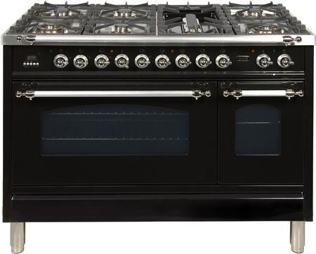 ILVE 48 in. Nostalgie Series Natural Gas Burner and Electric Oven Range in Glossy Black with Chrome Trim, UPN120FDMPNXNG