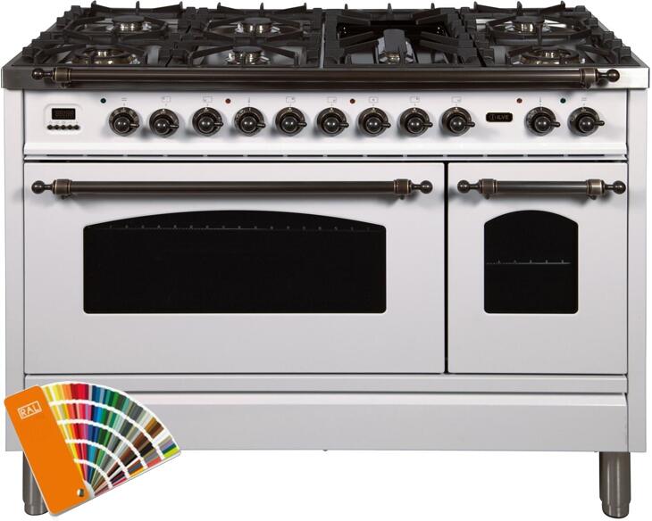 ILVE Nostalgie 48" Natural Gas Burner, Electric Oven Range in Custom RAL Color with Bronze Trim, UPN120FDMPRALYNG