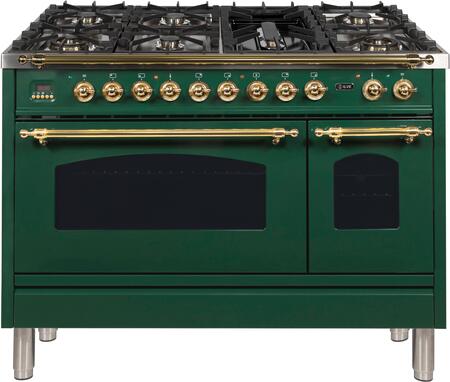 ILVE 48 in. Nostalgie Series Natural Gas Burner and Electric Oven Range in Emerald Green with Brass Trim, UPN120FDMPVSNG