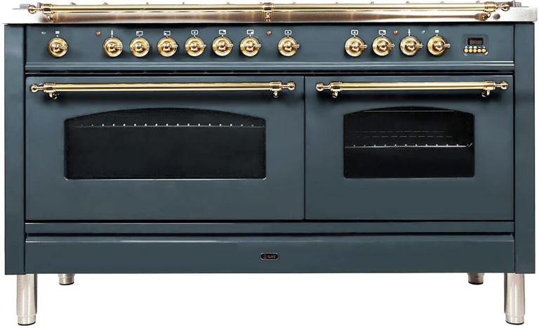ILVE Nostalgie 60" Propane Gas Burner, Electric Oven Range in Blue Grey with Brass Trim, UPN150FDMPGULP