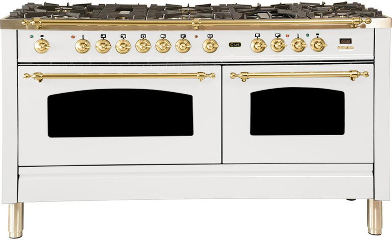 ILVE 60 in. Nostalgie Series Propane Gas Burner and Electric Oven Range in White with Brass Trim, UPN150FDMPBLP