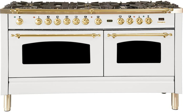 ILVE 60 in. Nostalgie Series Natural Gas Burner and Electric Oven Range in White with Brass Trim, UPN150FDMPBNG