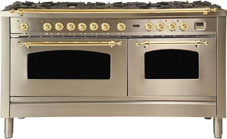 ILVE 60 in. Nostalgie Series Natural Gas Burner and Electric Oven Range in Stainless Steel with Brass Trim, UPN150FDMPING