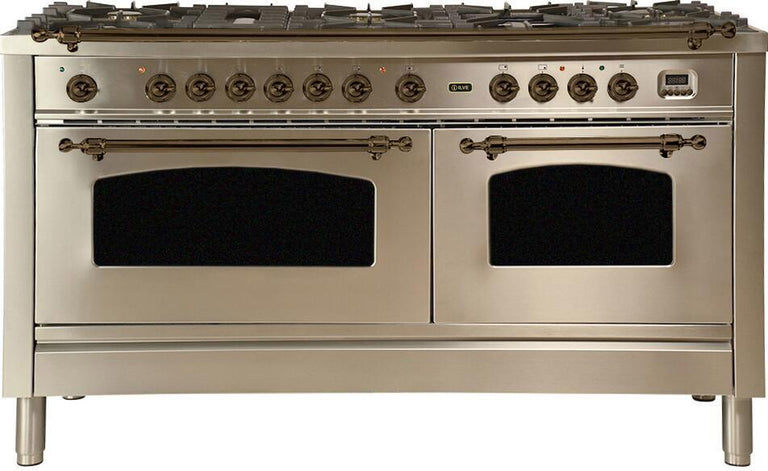 ILVE 60 in. Nostalgie Series Natural Gas Burner and Electric Oven Range in Stainless Steel with Bronze Trim, UPN150FDMPIYNG