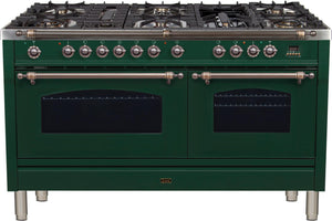 ILVE 60 in. Nostalgie Series Natural Gas Burner and Electric Oven Range in Emerald Green with Bronze Trim, UPN150FDMPVSYNG