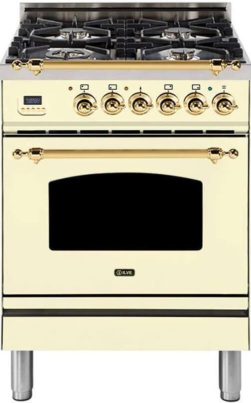 ILVE 24 in. Nostalgie Series Single Oven Natural Gas Burner and Electric Oven Range in Antique White with Brass Trim, UPN60DMPANG