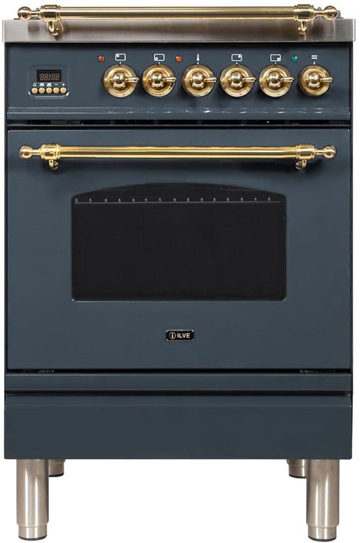 ILVE Nostalgie 24" Natural Gas Burner, Electric Oven Range in Blue Grey with Brass Trim, UPN60DMPGUNG