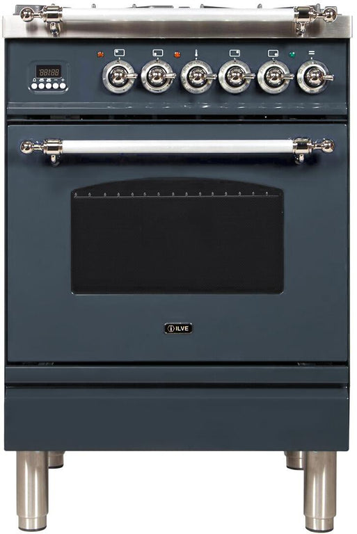 ILVE Nostalgie 24" Natural Gas Burner, Electric Oven Range in Blue Grey with Chrome Trim, UPN60DMPGUXNG