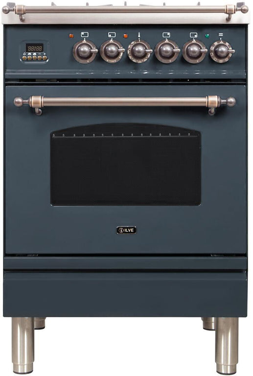 ILVE Nostalgie 24" Natural Gas Burner, Electric Oven Range in Blue Grey with Bronze Trim, UPN60DMPGUYNG