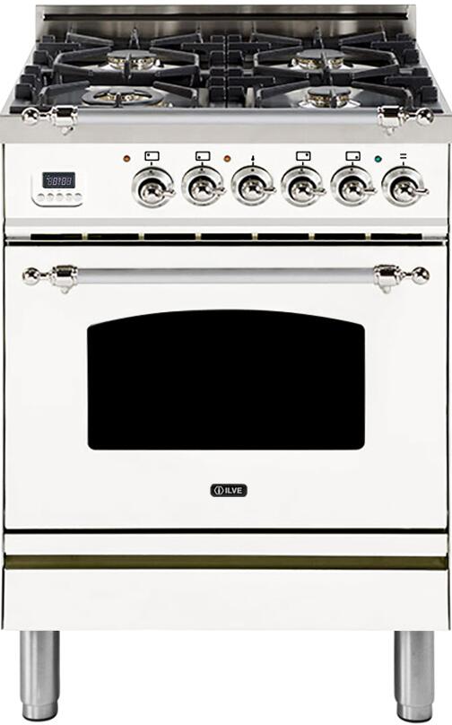 ILVE 24 in. Nostalgie Series Freestanding Single Oven Natural Gas Burner and Electric Oven Range in White with Chrome Trim, UPN60DMPBXNG