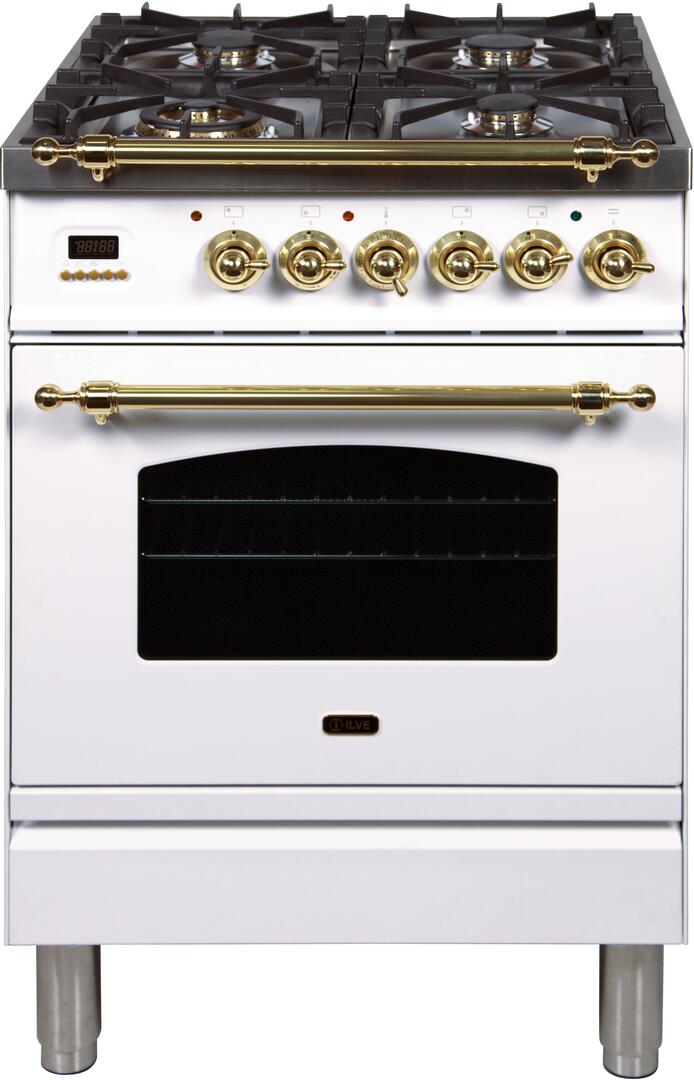 ILVE 24 in. Nostalgie Series Freestanding Single Oven Natural Gas Burner and Electric Oven Range in White with Brass Trim, UPN60DMPBNG