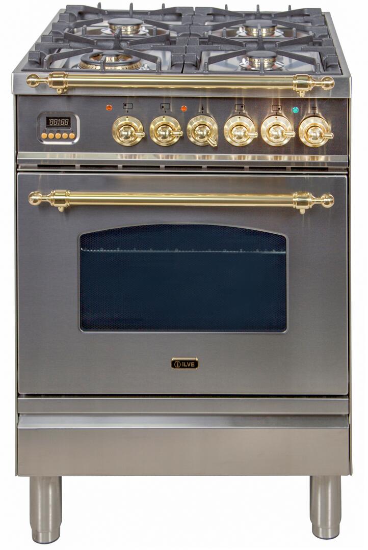 ILVE 24 in. Nostalgie Series Single Oven Natural Gas Burner and Electric Oven Range in Stainless Steel with Brass Trim, UPN60DMPING