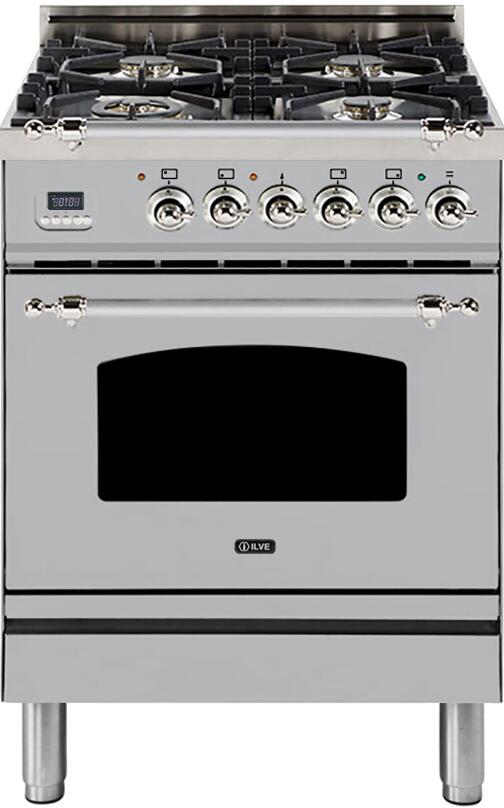 ILVE 24 in. Nostalgie Series Single Oven Natural Gas Burner and Electric Oven Range in Stainless Steel with Chrome Trim, UPN60DMPIXNG