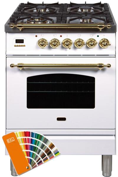 ILVE Nostalgie 24" Natural Gas Burner, Electric Oven Range in Custom RAL Color with Brass Trim, UPN60DMPRALNG