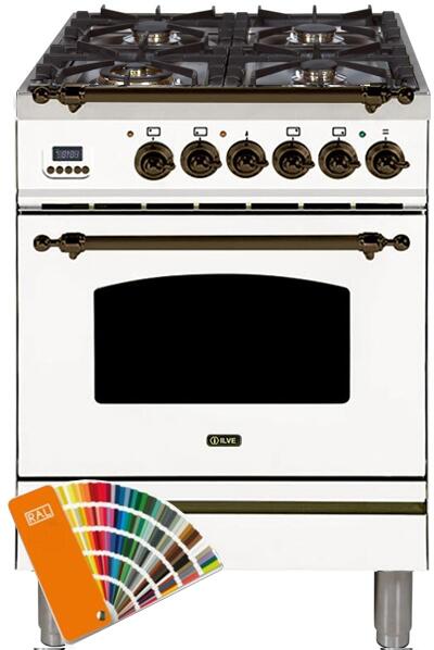 ILVE Nostalgie 24" Natural Gas Burner, Electric Oven Range in Custom RAL Color with Bronze Trim, UPN60DMPRALYNG