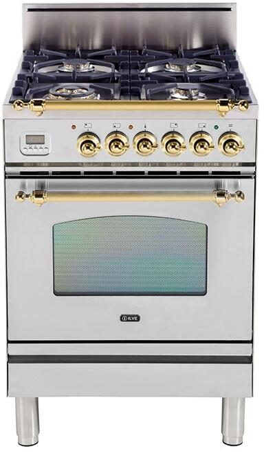 ILVE 24 in. Nostalgie Series Single Oven Natural Gas Burner and Oven in Stainless Steel with Brass Trim, UPN60DVGGING