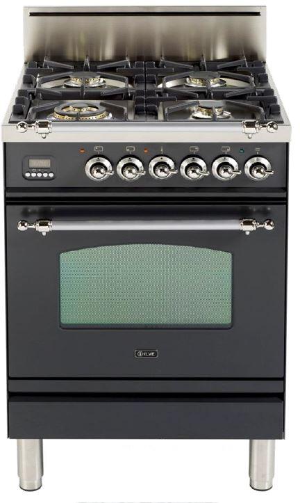 ILVE 24 in. Nostalgie Series Freestanding Single Oven Natural Gas Burner and Oven in Matte Graphite with Chrome Trim, UPN60DVGGMXNG