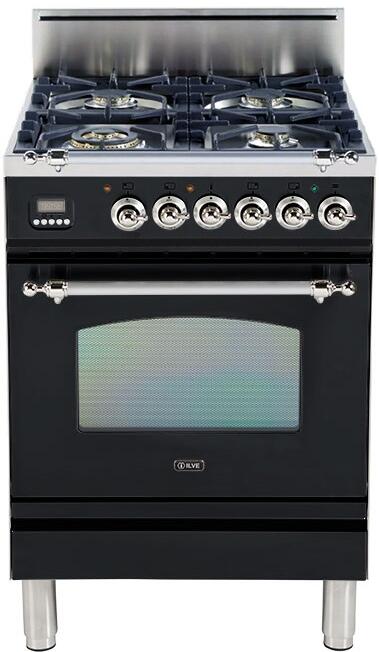 ILVE 24 in. Nostalgie Series Freestanding Single Oven Natural Gas Burner and Oven in Glossy Black with Chrome Trim, UPN60DVGGNXNG