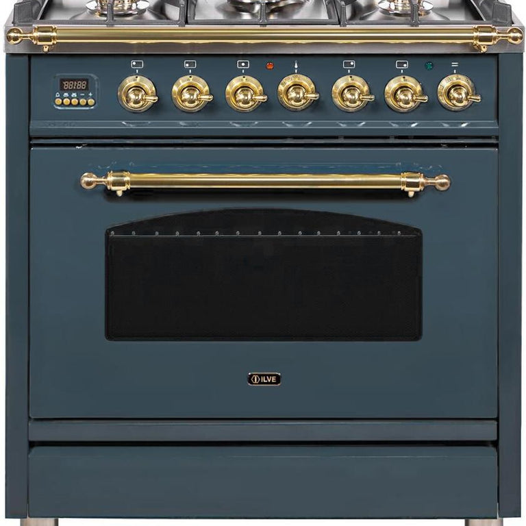 ILVE Nostalgie 30" Natural Gas Burner, Electric Oven Range in Blue Grey with Brass Trim, UPN76DMPGUNG