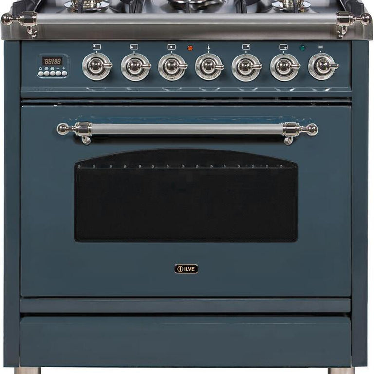 ILVE Nostalgie 30" Natural Gas Burner, Electric Oven Range in Blue Grey with Chrome Trim, UPN76DMPGUXNG