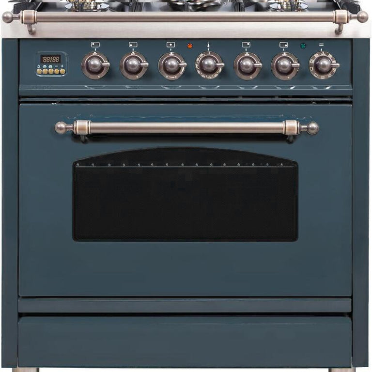 ILVE Nostalgie 30" Natural Gas Burner, Electric Oven Range in Blue Grey with Bronze Trim, UPN76DMPGUYNG