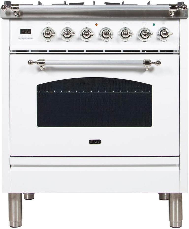 ILVE 30 in. Nostalgie Series Single Oven Natural Gas Burner and Electric Oven Range in White with Chrome Trim, UPN76DMPBXNG