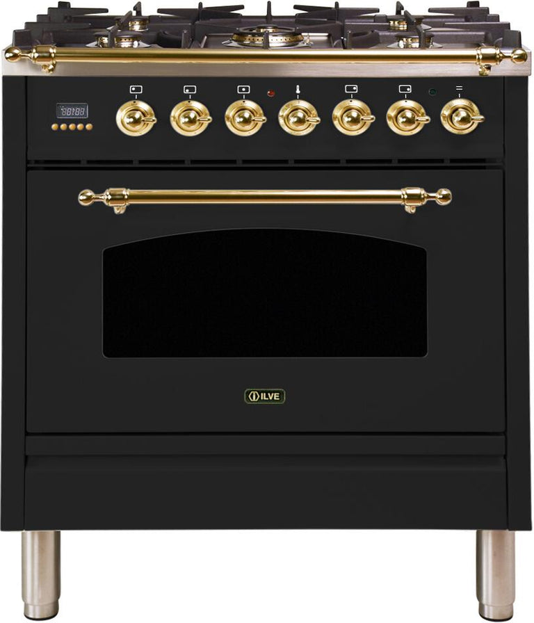 ILVE 30 in. Nostalgie Series Single Oven Natural Gas Burner and Electric Oven Range in Matte Graphite with Brass Trim, UPN76DMPMNG