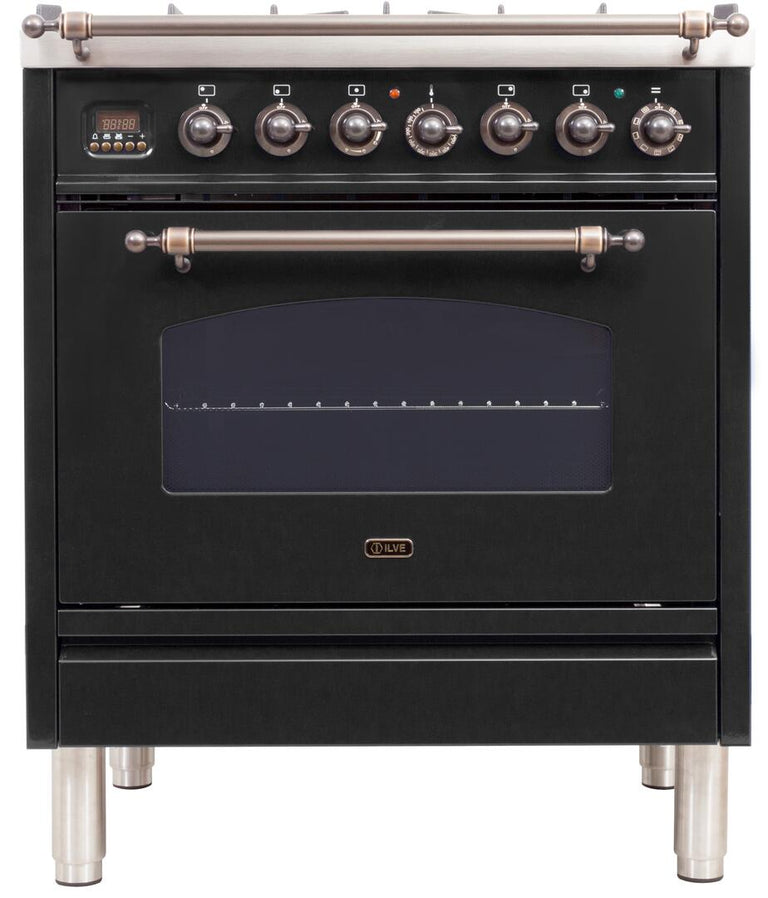 ILVE 30 in. Nostalgie Series Single Oven Natural Gas Burner and Electric Oven Range in Matte Graphite with Bronze Trim, UPN76DMPMYNG