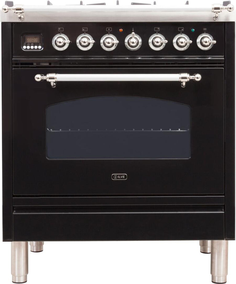 ILVE 30 in. Nostalgie Series Single Oven Natural Gas Burner and Electric Oven Range in Glossy Black with Chrome Trim, UPN76DMPNXNG