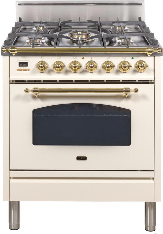 ILVE 30 in. Nostalgie Series Single Oven Propane Gas Burner and Oven in Antique White with Brass Trim, UPN76DVGGALP