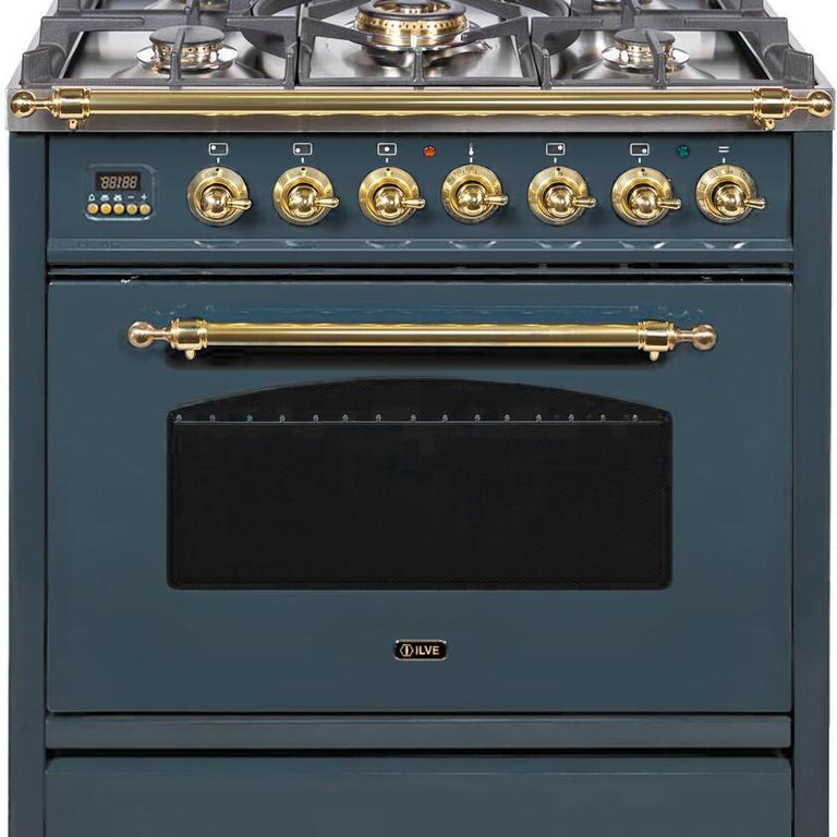 ILVE Nostalgie 30" Natural Gas Range in Blue Grey with Brass Trim, UPN76DVGGGUNG