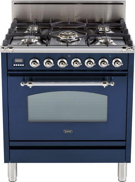 ILVE 30 in. Nostalgie Series Single Oven Natural Gas Burner and Oven in Midnight Blue with Chrome Trim, UPN76DVGGBLXNG