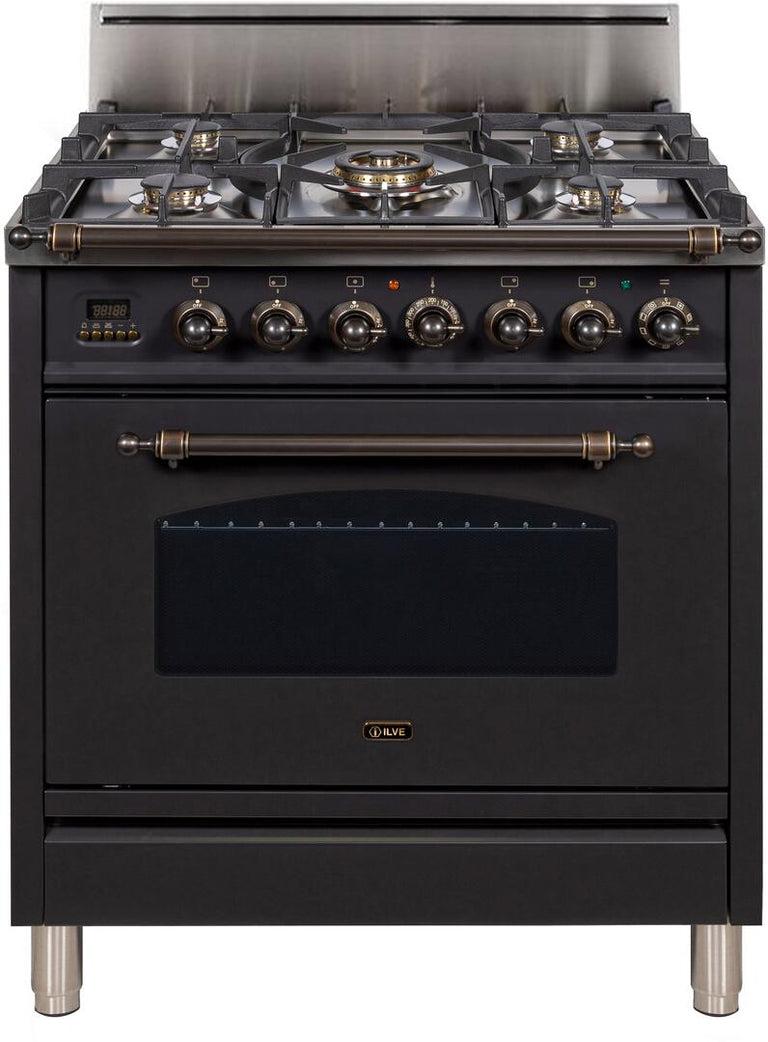 ILVE 30 in. Nostalgie Series Single Oven Natural Gas Burner and Oven in Matte Graphite with Oiled Bronze Trim, UPN76DVGGMYNG