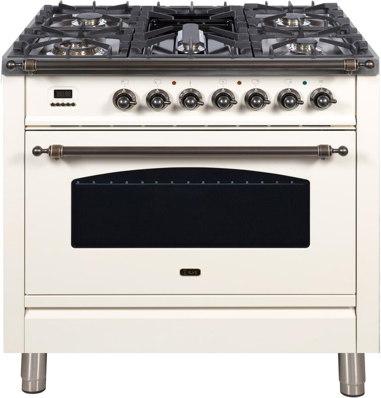 ILVE 36 in. Nostalgie Series Single Oven Propane Gas Burner and Electric Oven Range in Antique White with Bronze Trim, UPN90FDMPAYLP
