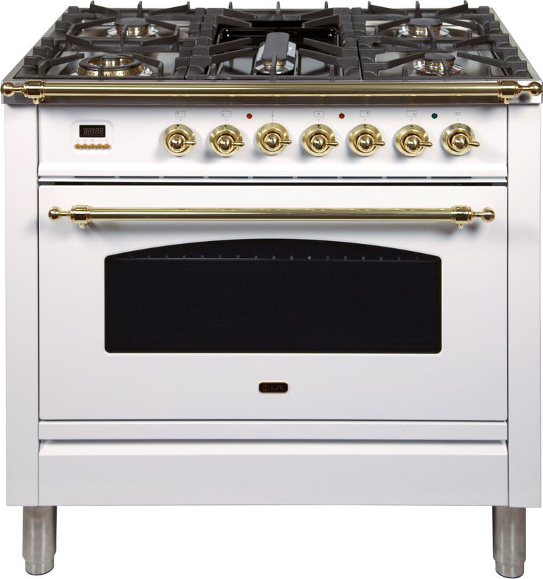 ILVE 36 in. Nostalgie Series Single Oven Natural Gas Burner and Electric Oven Range in White with Brass Trim, UPN90FDMPBNG