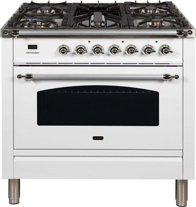 ILVE 36 in. Nostalgie Series Single Oven Propane Gas Burner and Electric Oven Range in White with Chrome Trim, UPN90FDMPBXLP