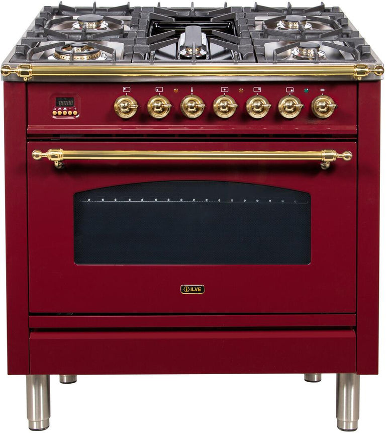 ILVE 36 in. Nostalgie Series Single Oven Natural Gas Burner and Electric Oven Range in Burgundy with Brass Trim, UPN90FDMPRBNG