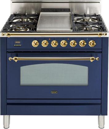 ILVE 36 in. Nostalgie Series Single Oven Natural Gas Burner and Oven in Midnight Blue with Brass Trim, UPN90FDVGGBLNG