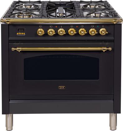 ILVE 36 in. Nostalgie Series Single Oven Propane Gas Burner and Oven in Matte Graphite with Brass Trim, UPN90FDVGGMLP