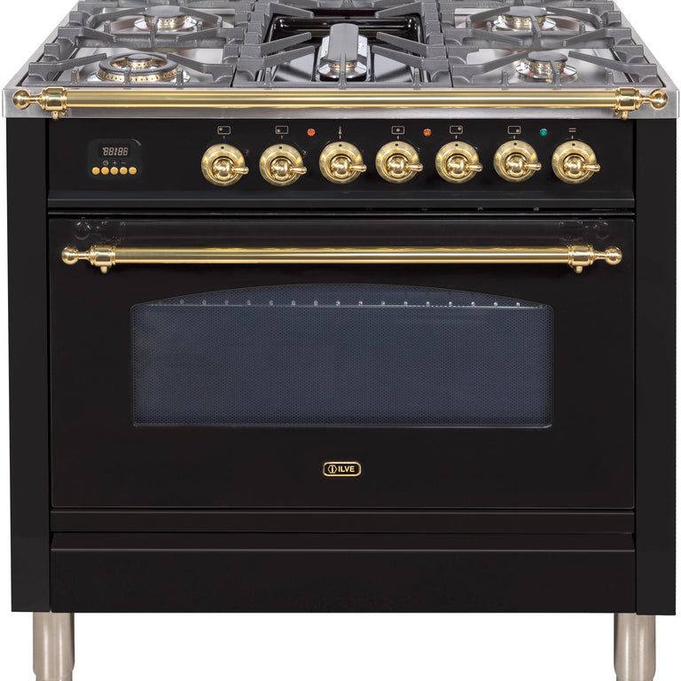 ILVE Nostalgie 36" Natural Gas Range in Glossy Black with Brass Trim, UPN90FDVGGNNG