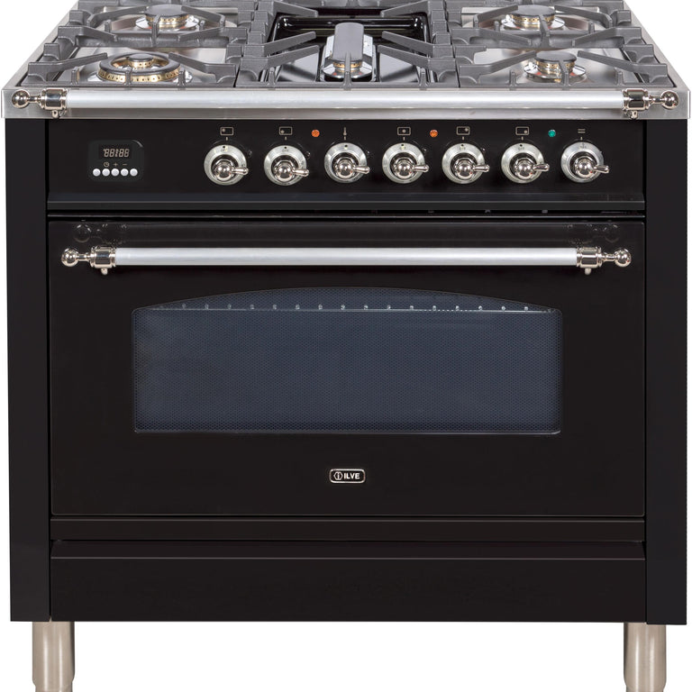 ILVE Nostalgie 36" Natural Gas Range in Glossy Black with Chrome Trim, UPN90FDVGGNXNG