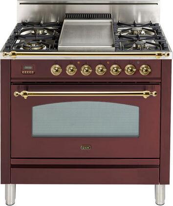 ILVE 36 in. Nostalgie Series Single Oven Natural Gas Burner and Oven in Burgundy with Brass Trim, UPN90FDVGGRBNG