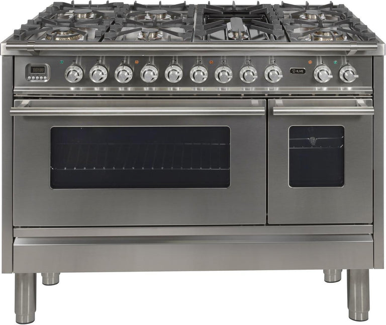 ILVE 48 in. Professional Plus Series Natural Gas Burner and Electric Oven Range in Stainless Steel with Chrome Trim, UPW120FDMPING