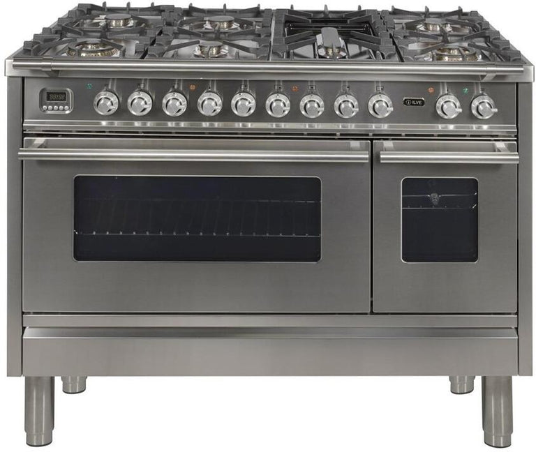 ILVE Professional Plus 48" Natural Gas Burner, Electric Oven Range in Glossy Black with Chrome Trim, UPW120FDMPNNG