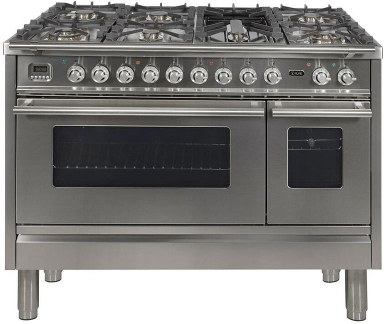ILVE Professional Plus 48" Natural Gas Burner, Electric Oven Range in White with Chrome Trim, UPW120FDMPBNG
