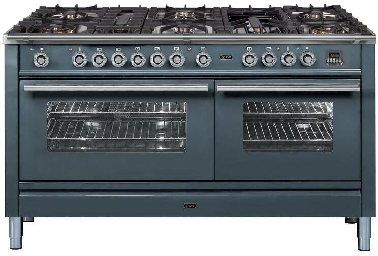 ILVE Professional Plus 60" Natural Gas Burner, Electric Oven Range in Blue Grey with Chrome Trim, UPW150FDMPGUNG