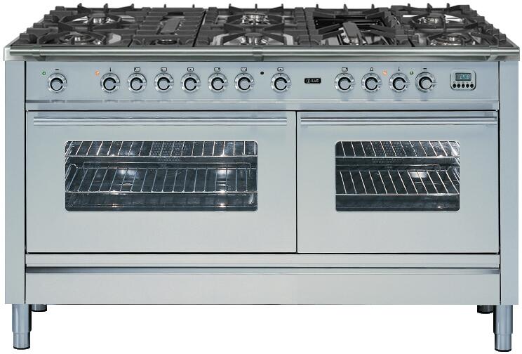 ILVE Professional Plus 60" Natural Gas Burner, Electric Oven Range in Stainless Steel with Chrome Trim, UPW150FDMPING